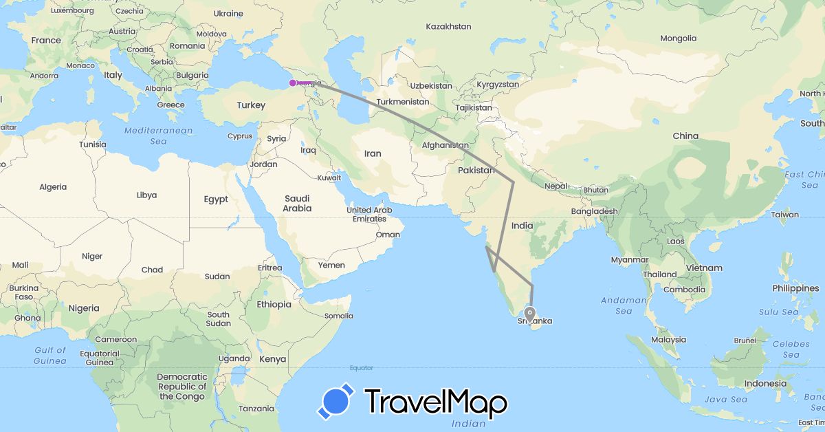 TravelMap itinerary: plane, train in Georgia, India, Sri Lanka (Asia)